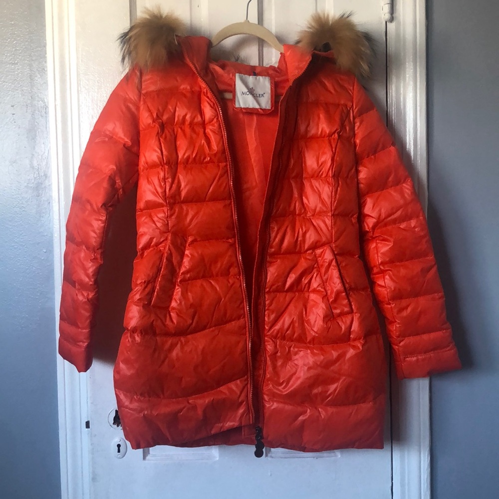 Moncler Fur Hooded Puffer Orange Sz SM